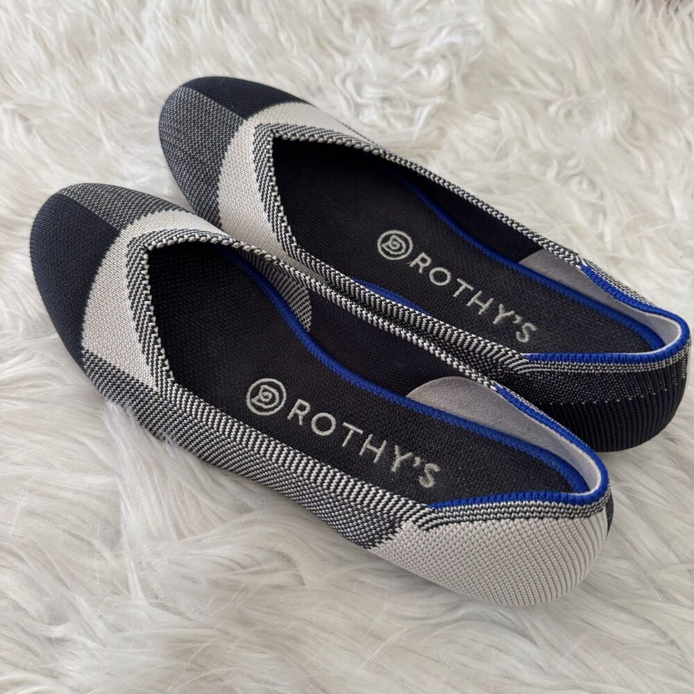 Rothy’s The Flat Captoe Slip On Ballet Flats Women’s 7 Black White Plaid Retired